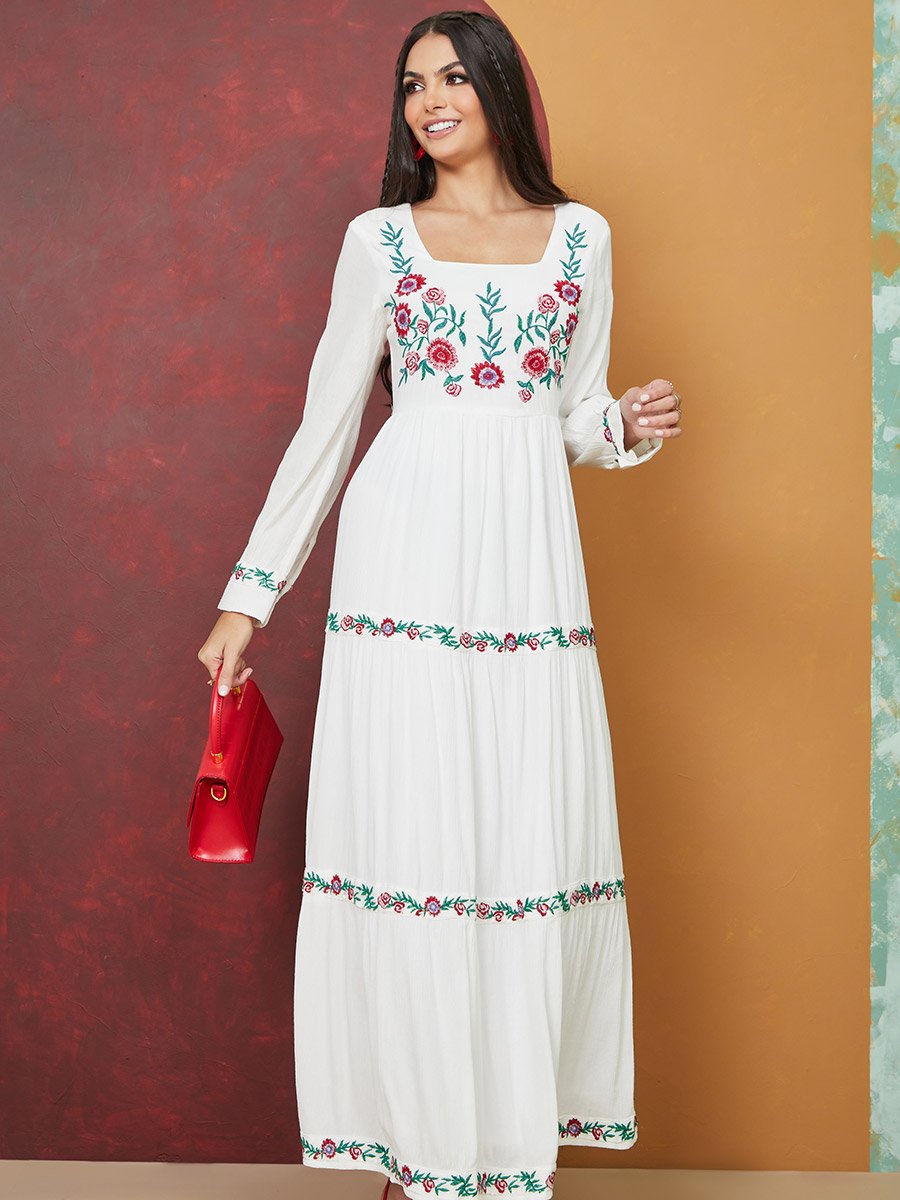 Square Neck Embroidered Viscose A-Line Maxi Dress For Women at UAE | Styli