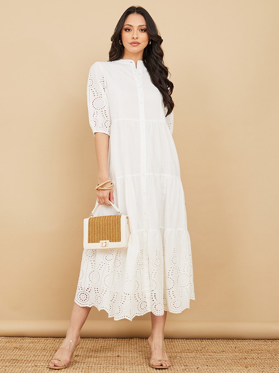 White 3/4 Sleeve Tiered Cotton Schiffli Midi Dress For Women at UAE | Styli