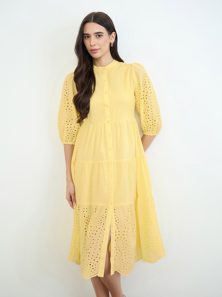 Yellow Cotton Schiffli Shirt Midi Dress