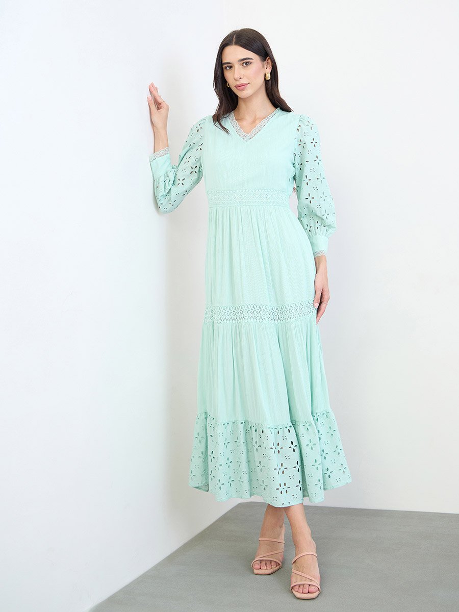 Green Broderie Detail Lace Insert Maxi Dress