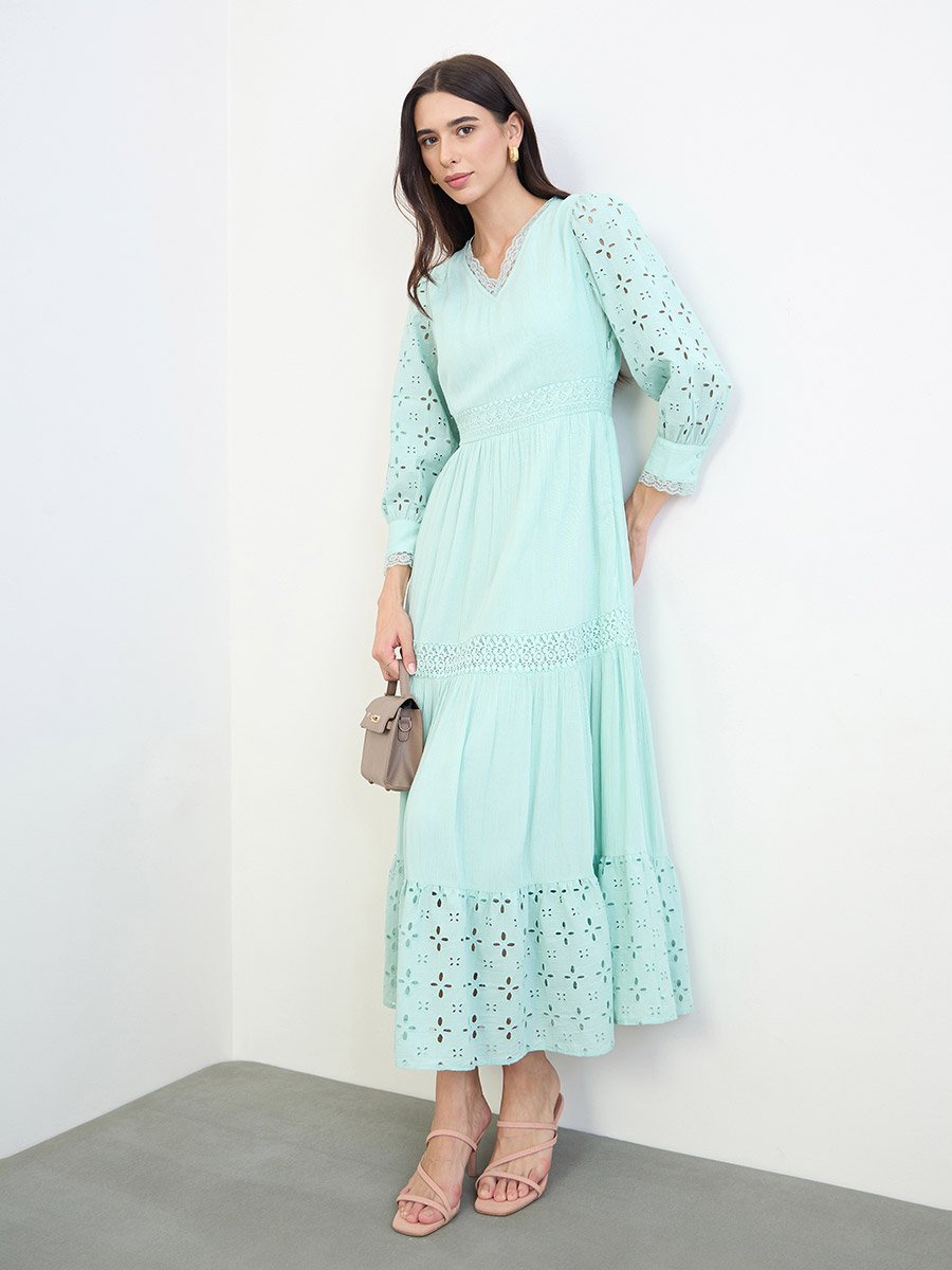 Green Broderie Detail Lace Insert Maxi Dress