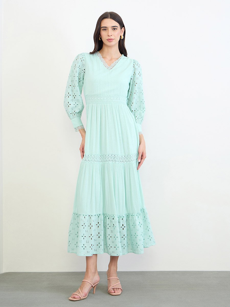 Green Broderie Detail Lace Insert Maxi Dress