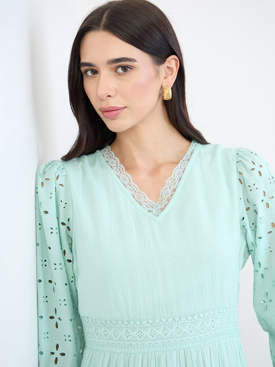 Green Broderie Detail Lace Insert Maxi Dress