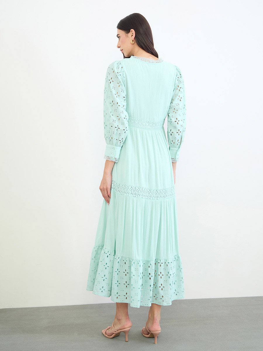 Green Broderie Detail Lace Insert Maxi Dress
