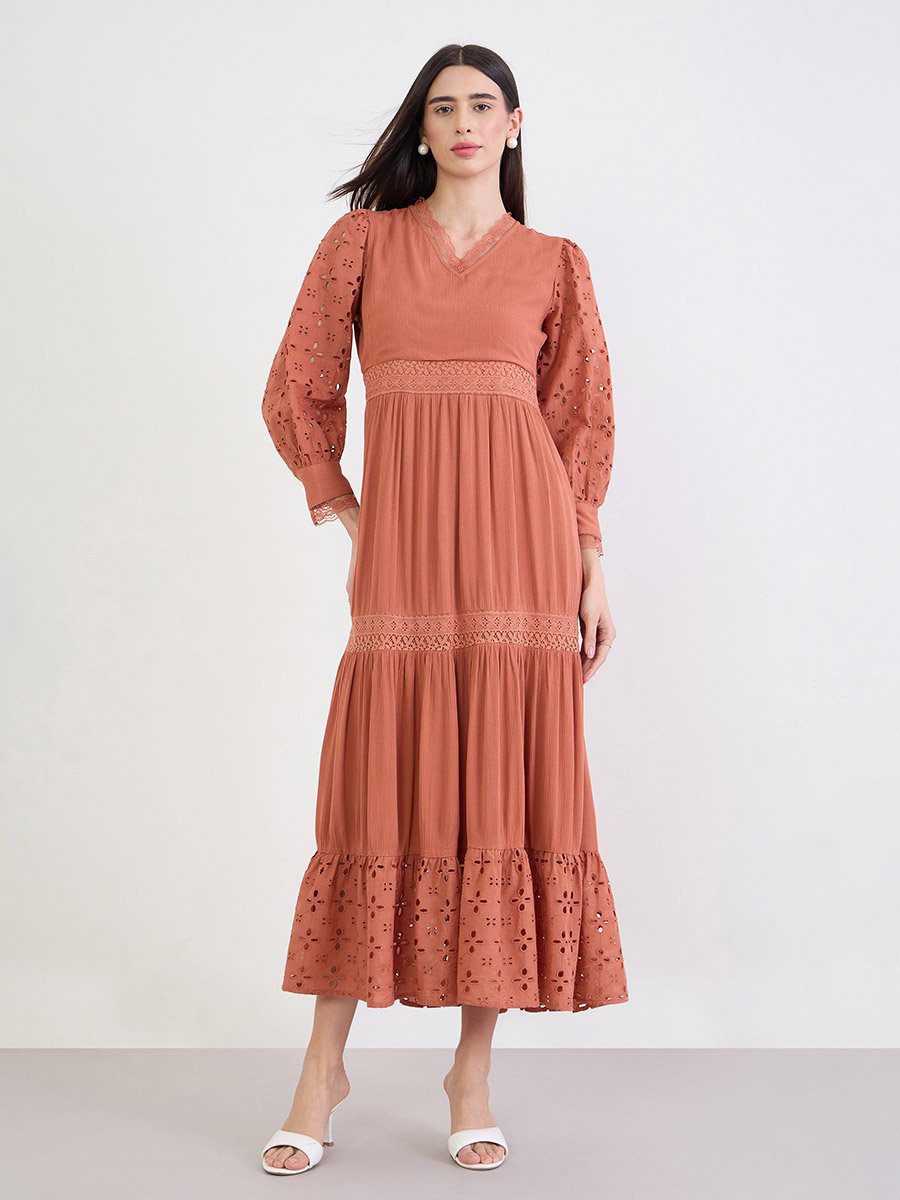 Rust Broderie Detail Lace Insert Maxi Dress
