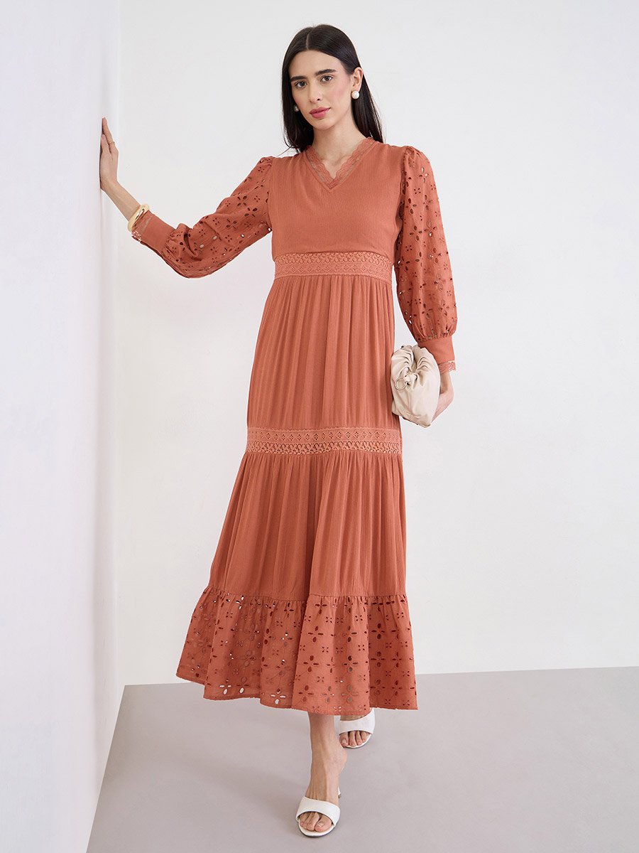 Rust Broderie Detail Lace Insert Maxi Dress