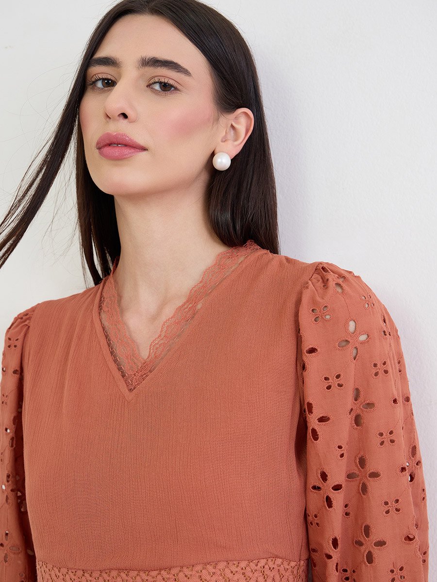 Rust Broderie Detail Lace Insert Maxi Dress