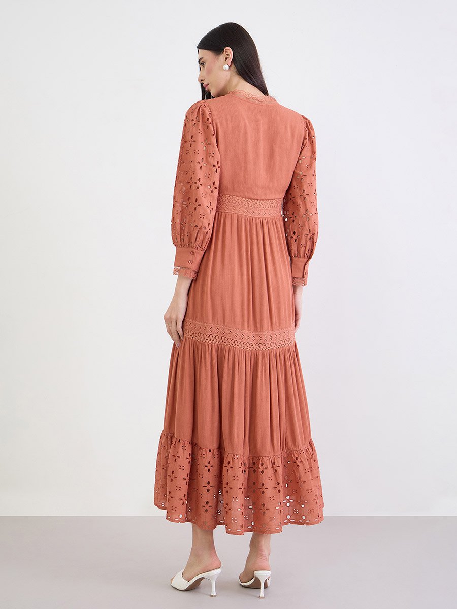 Rust Broderie Detail Lace Insert Maxi Dress