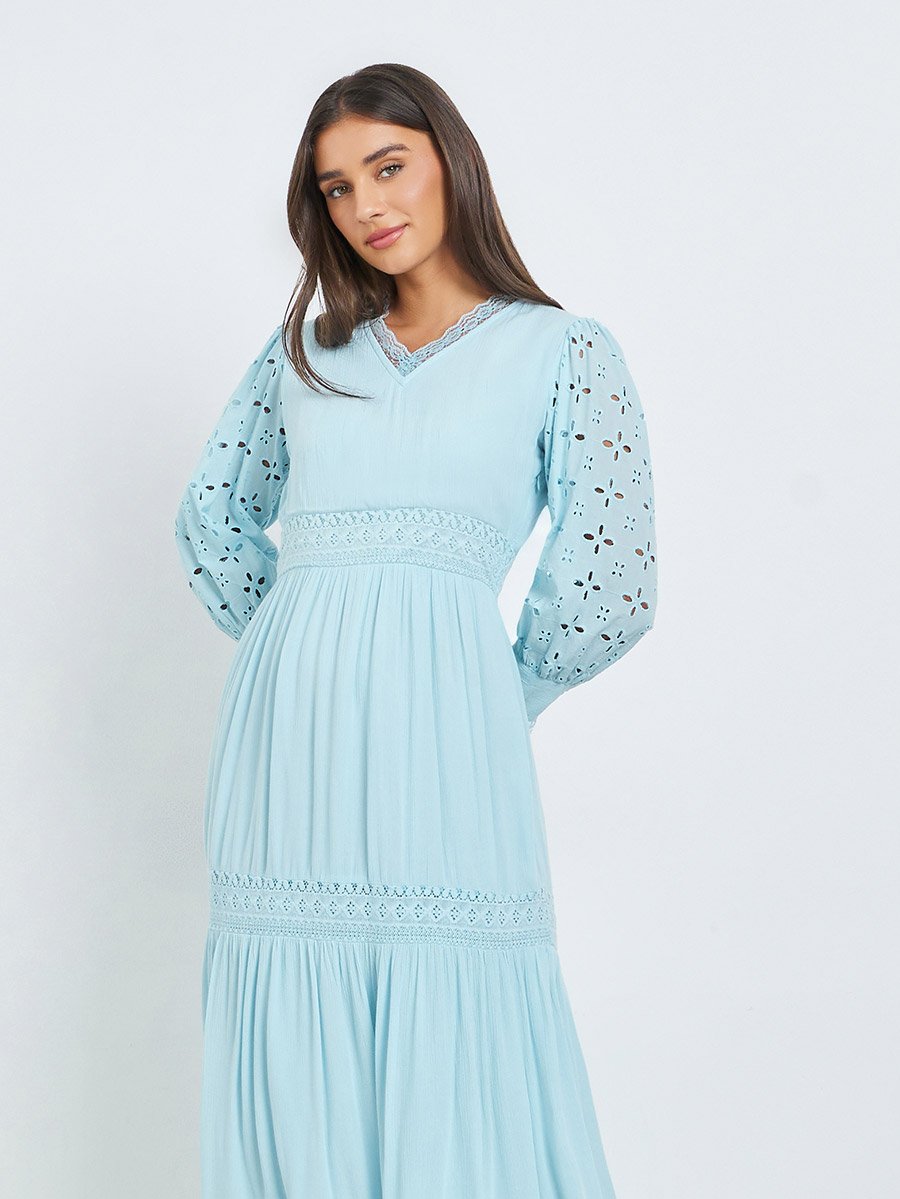 Light Blue Broderie Detail Lace Insert Maxi Dress