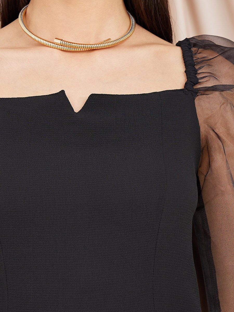 Organza Sleeves V Neck Crepe Blouse 