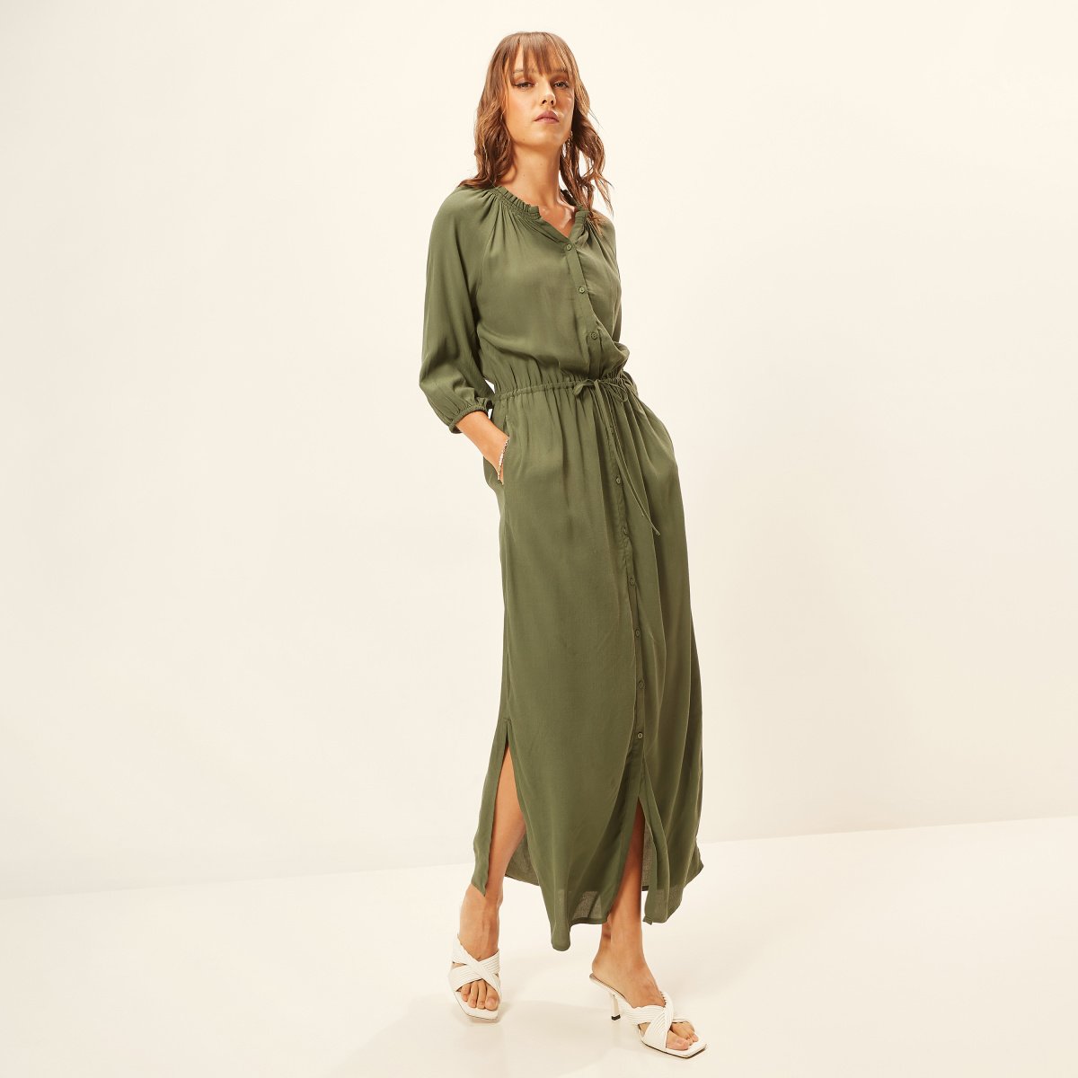 Solid Drawstring Waist A-line Maxi Dress with Side Split For Women at UAE | Styli Solid Drawstring Waist A-line Maxi Dress with Side Split For Women at UAE | Styli