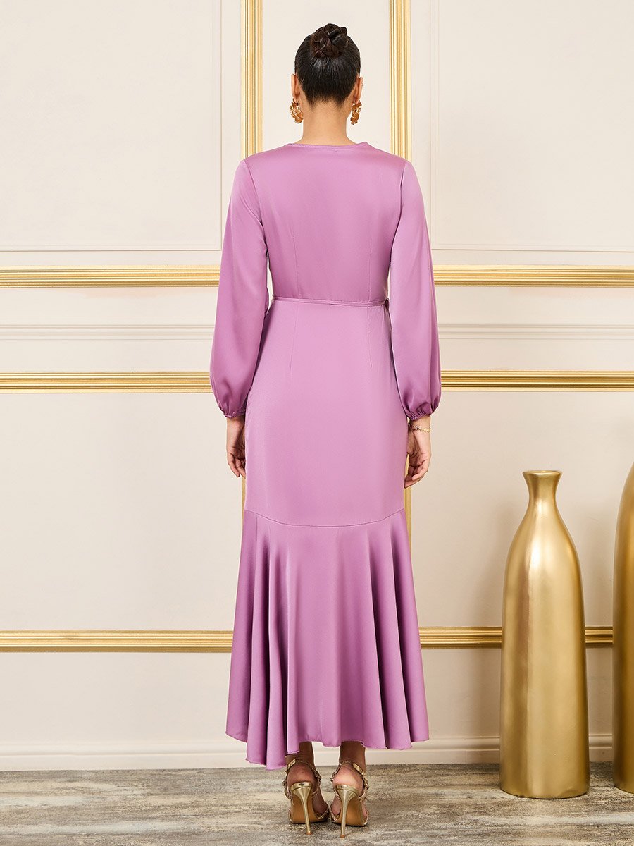 Satin Frill Hem Wrap Maxi Dress