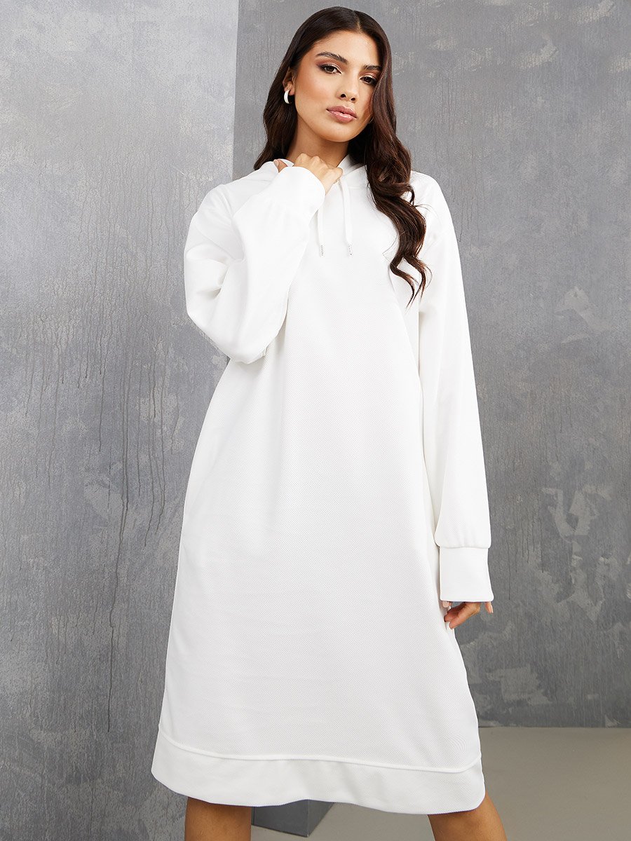 Textured Knit Knee Length Hoodie Winter Dress For Women at Saudi | Styli
