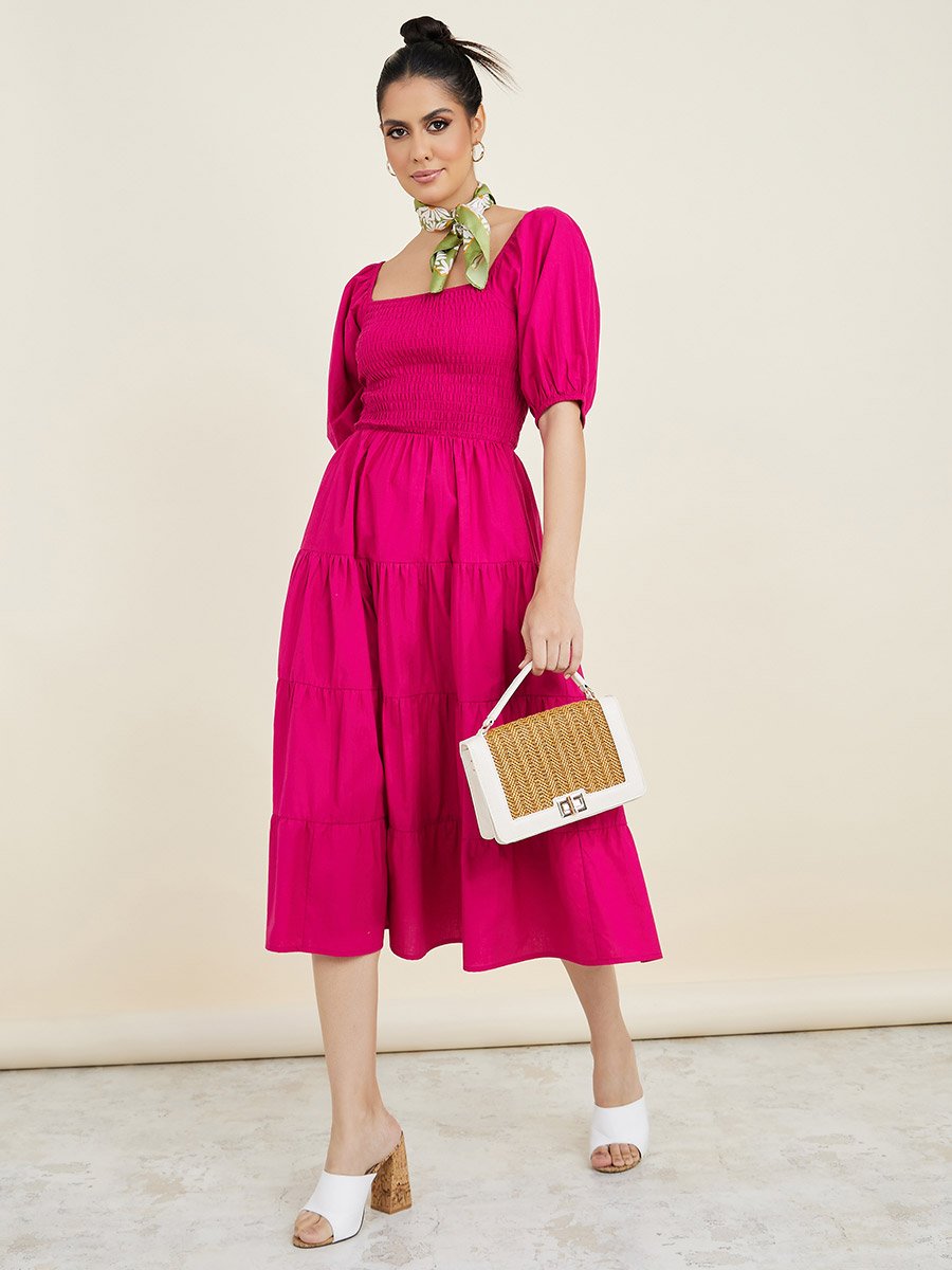 Square Neck Tiered Midi Dress For Women at Saudi | Styli