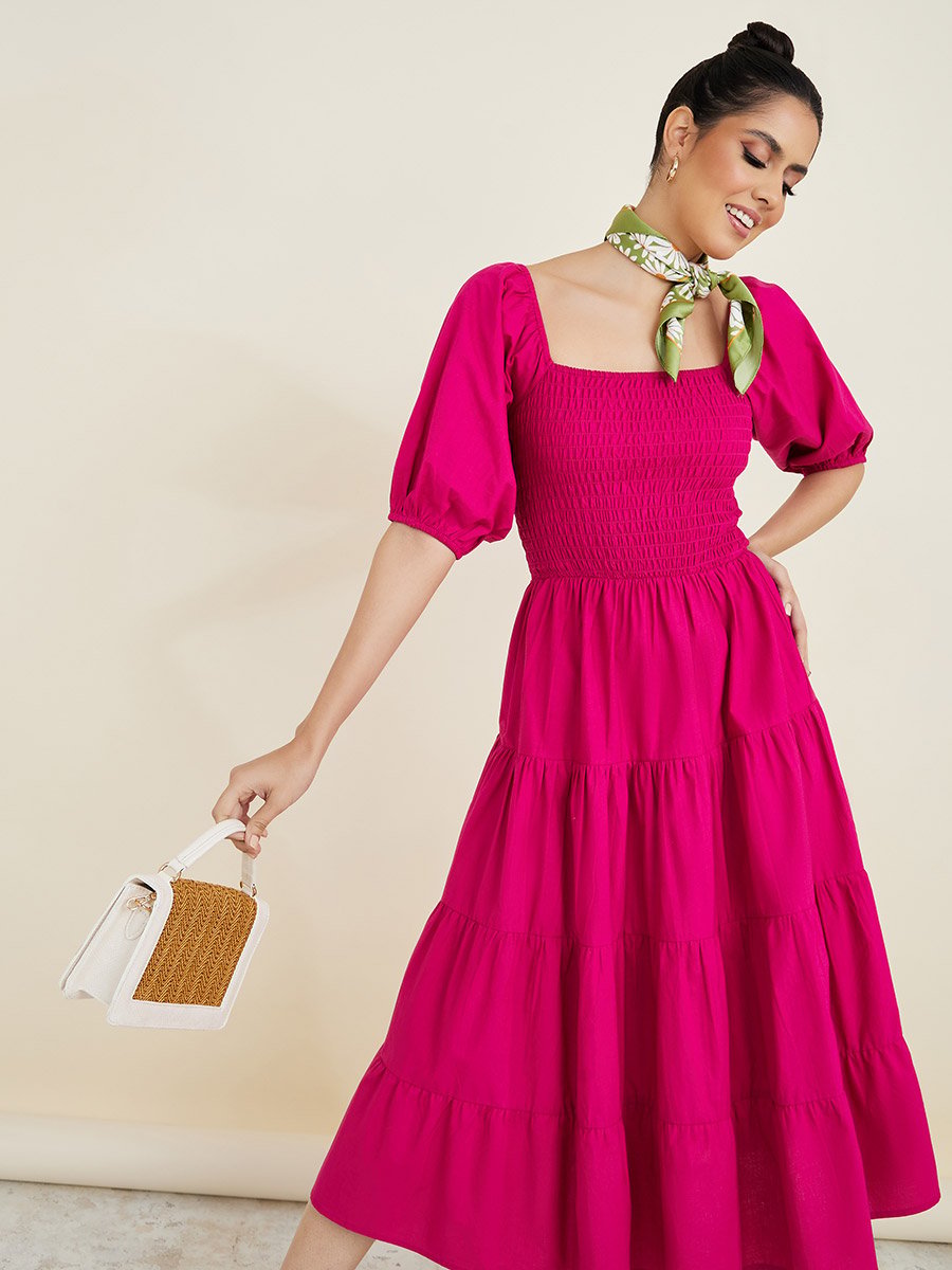 knee length dresses for ladies Rococo Butterfly Sleeve Tiered Midi Dress