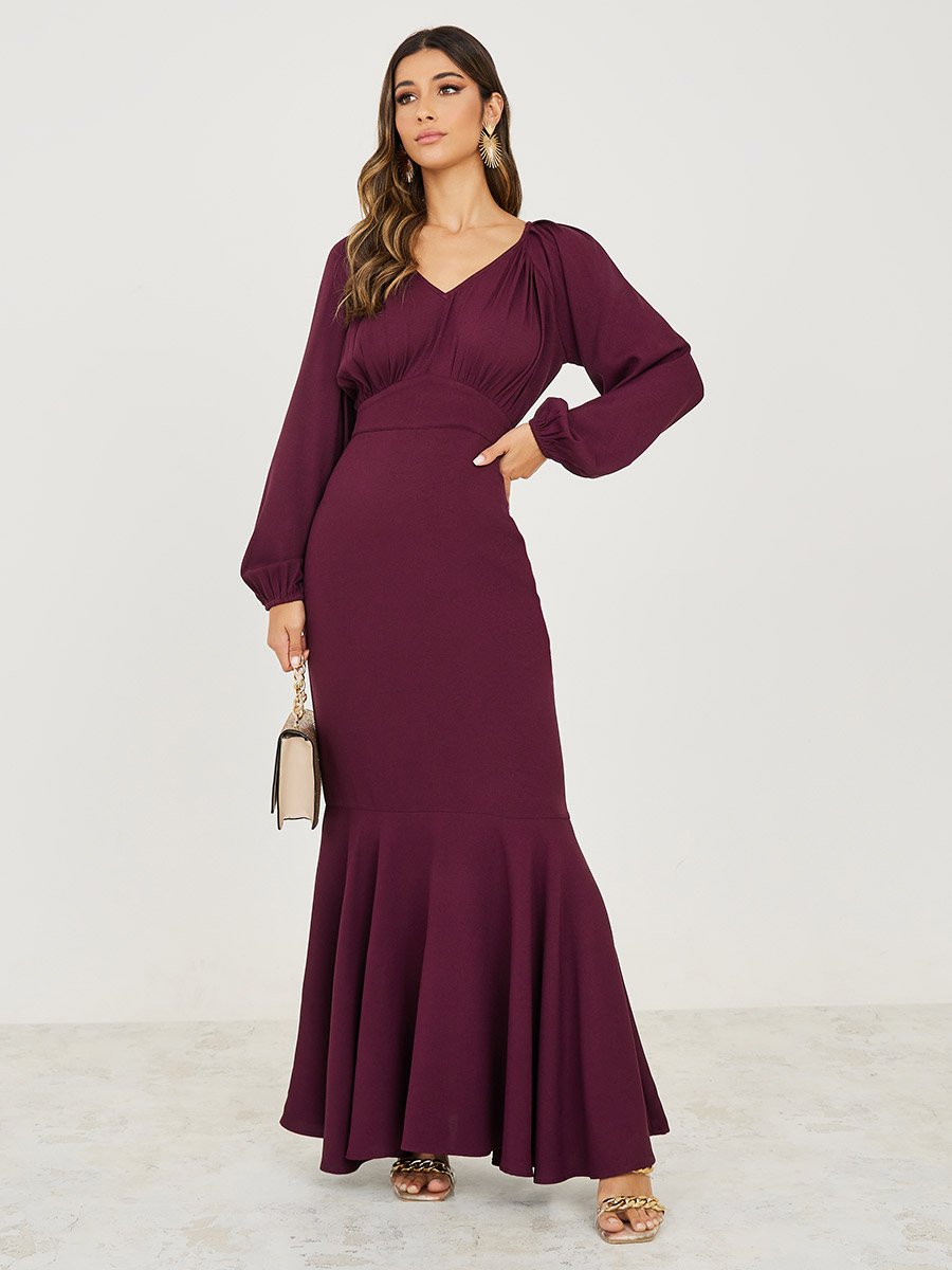 Volume Sleeve Pleat Detail Sheath Maxi Dress For Women at Kuwait | Styli