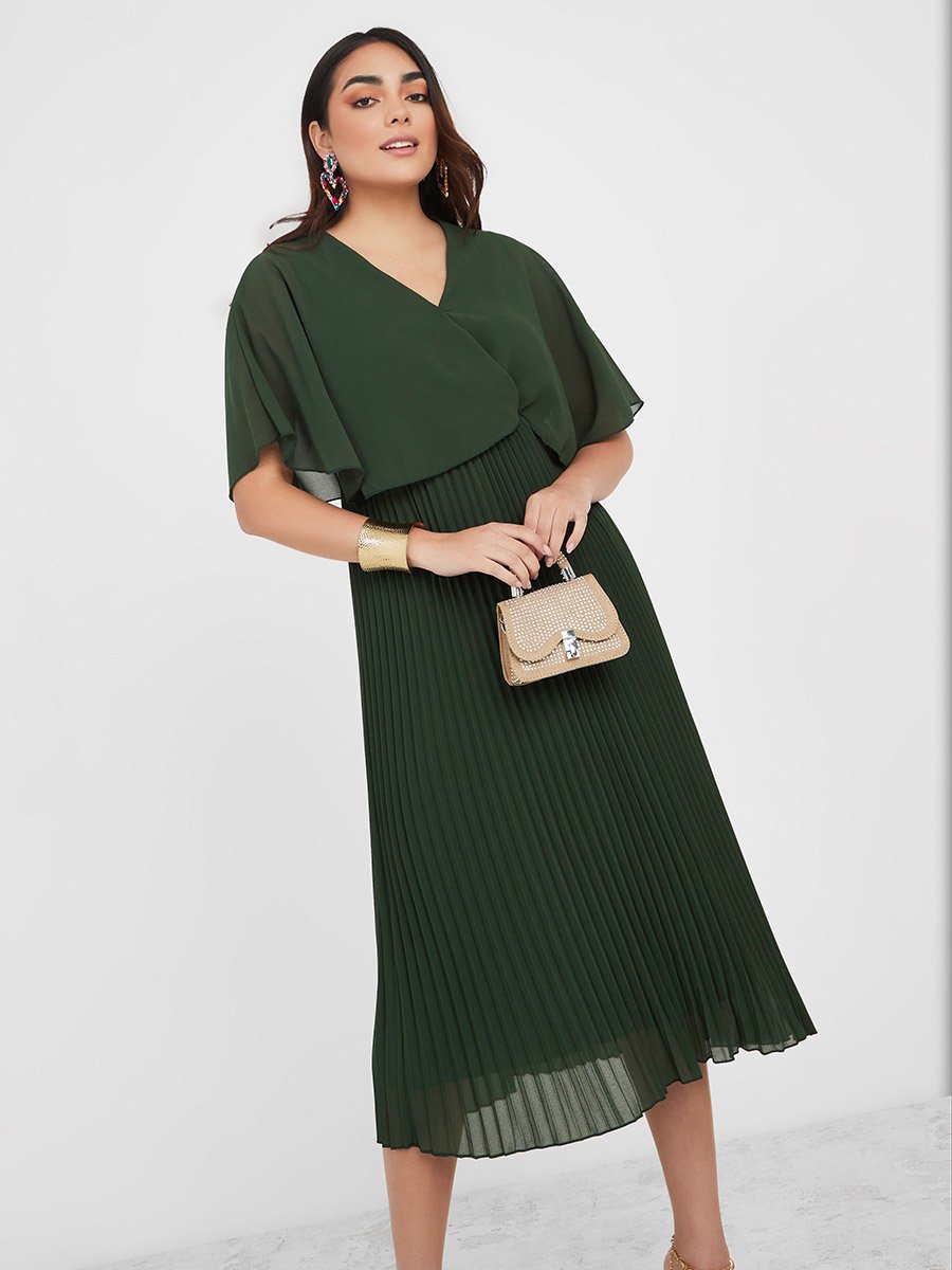 Overlay Pleated A-Line Midi Dress