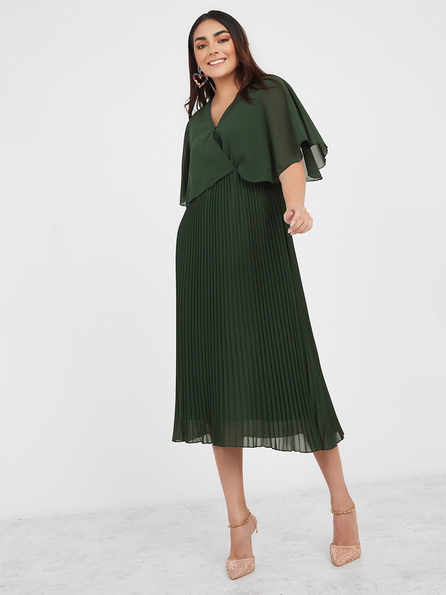 Overlay Pleated A-Line Midi Dress