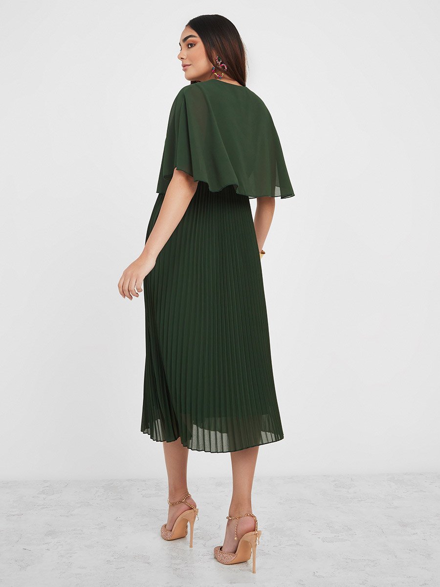 Overlay Pleated A-Line Midi Dress