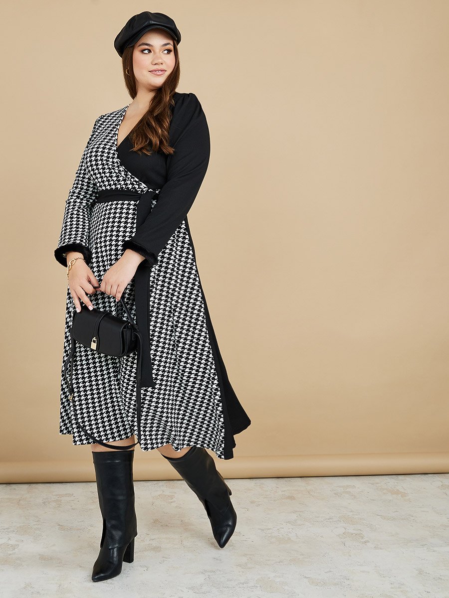 Plus Long Sleeves Houndstooth Print Wrap Front Midi Dress For Women at Kuwait | Styli Plus Long Sleeves Houndstooth Print Wrap Front Midi Dress For Women at Kuwait | Styli