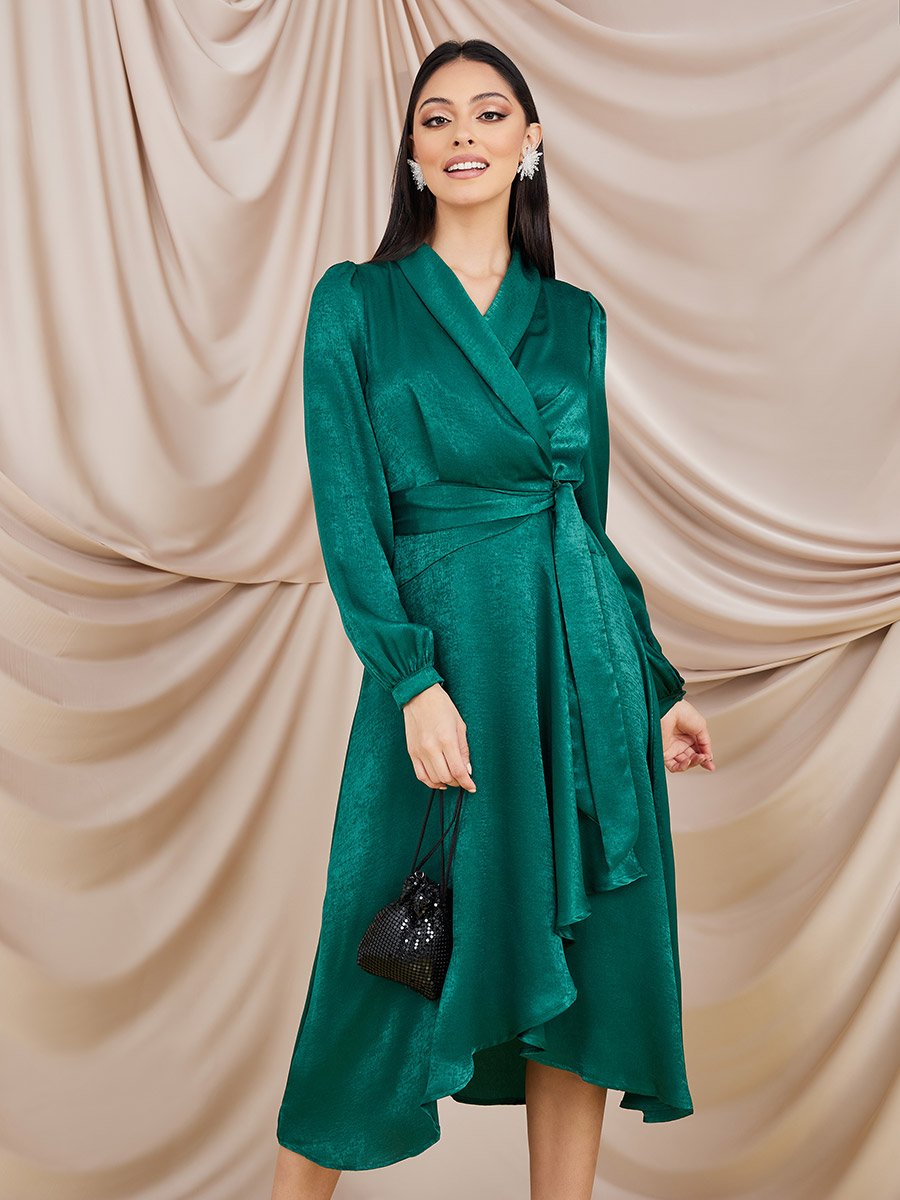 Satin Wrap Midi Dress For Women at Saudi | Styli