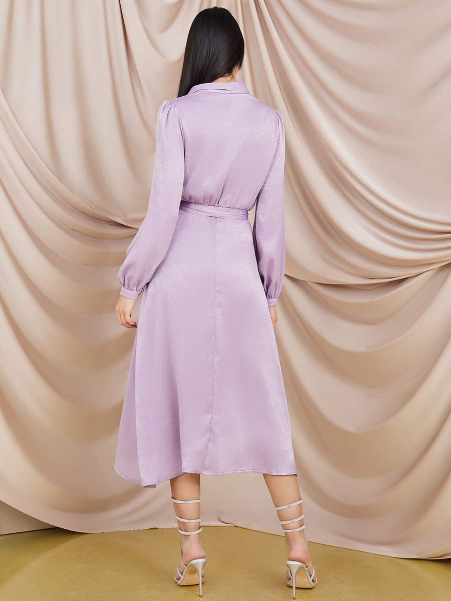 knee length dresses for ladies Raffie | Plum Long-Sleeve Midi Dress with Satin Wrap Skirt main image 1