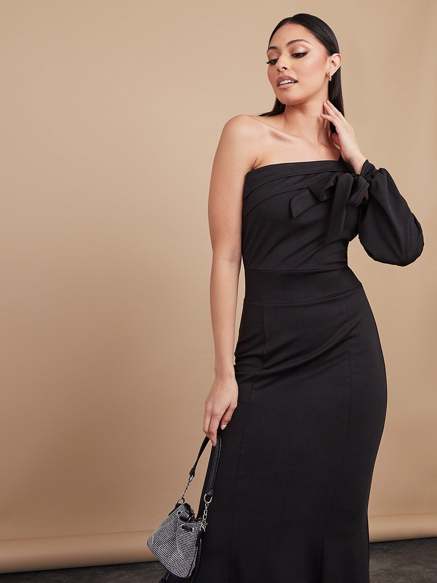one shoulder neck tie dress Oh Polly satin tie neck detail one shoulder asymmetric maxi dress in black