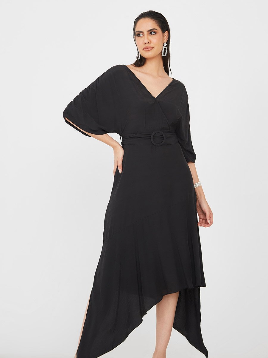 Asymmetric Hem Belted A-Line Midi Dress For Women at Bahrain | Styli Asymmetric Hem Belted A-Line Midi Dress For Women at Bahrain | Styli
