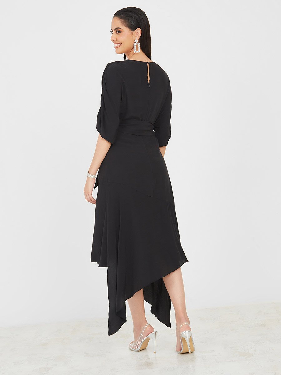 Asymmetric Hem Belted A-Line Midi Dress For Women at Bahrain | Styli Asymmetric Hem Belted A-Line Midi Dress For Women at Bahrain | Styli