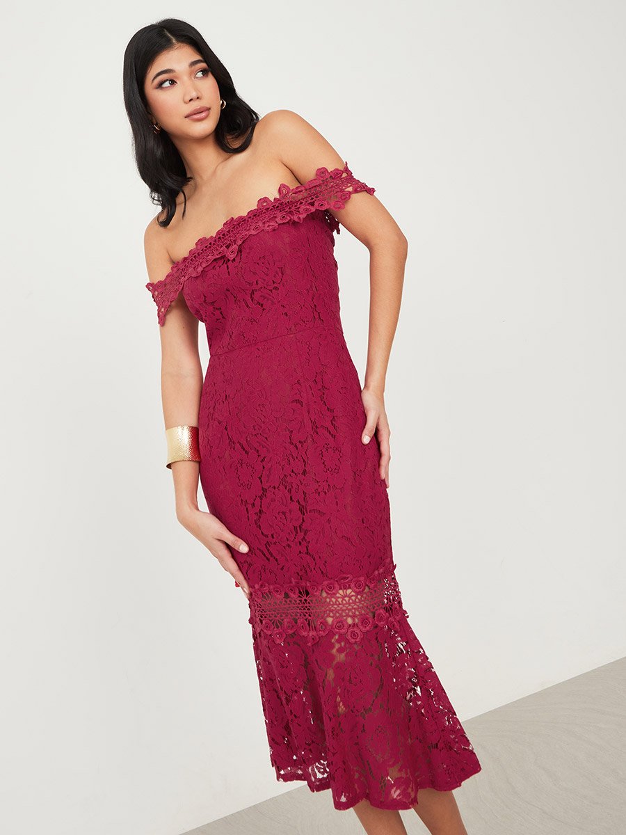 Lace Insert Bardot Bodycon Midi Dress For Women at Kuwait | Styli