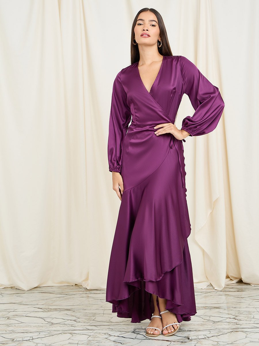 Satin Ruffle Asymmetric Hem Wrap Maxi Dress For Women at Saudi | Styli Satin Ruffle Asymmetric Hem Wrap Maxi Dress For Women at Saudi | Styli