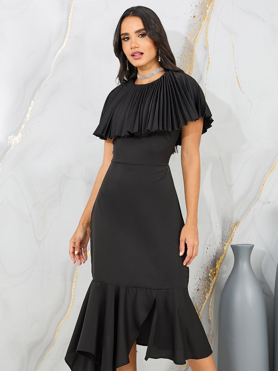 Pleated Cape Sleeves Bodycon Midi Dress For Women at Saudi | Styli Pleated Cape Sleeves Bodycon Midi Dress For Women at Saudi | Styli