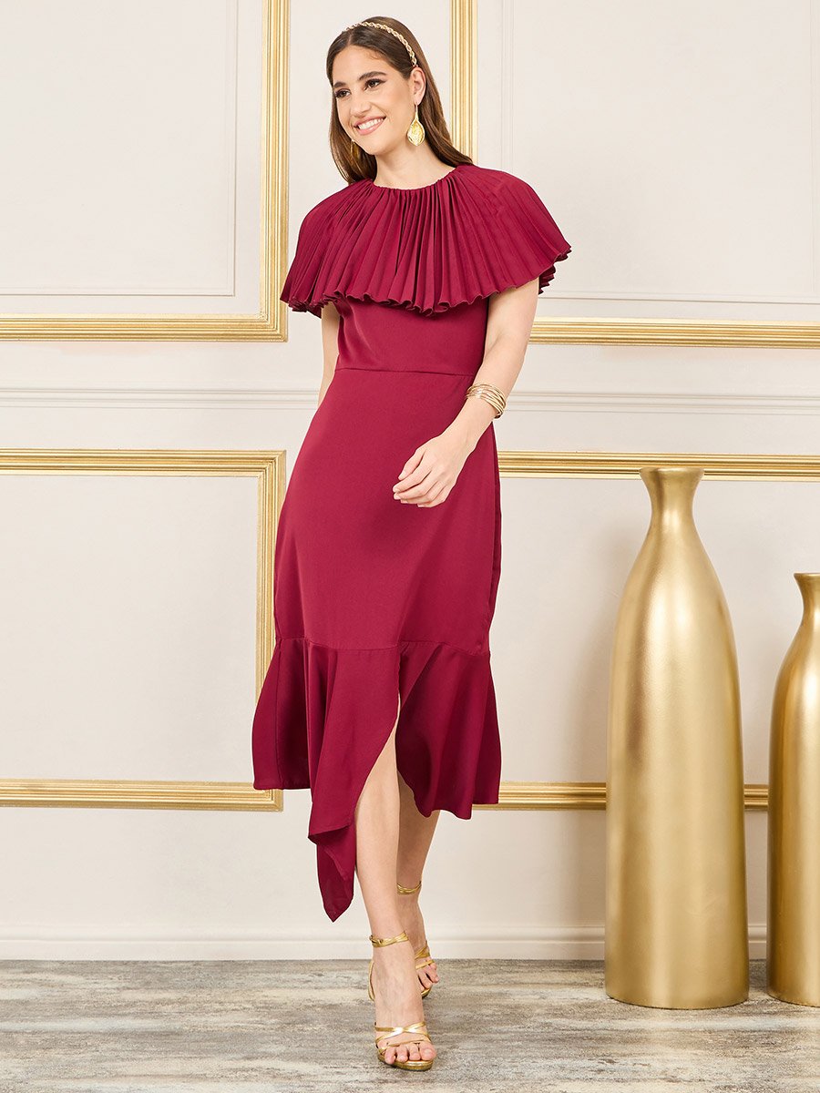 pleated cape sleeve bodycon elegant midi dress Sleeves For Women at Kuwait Ribbon Color:Silver & Grey INSTOCK-DRESS-OPTION Breathable and elastic Beller Long Sleeve Mini