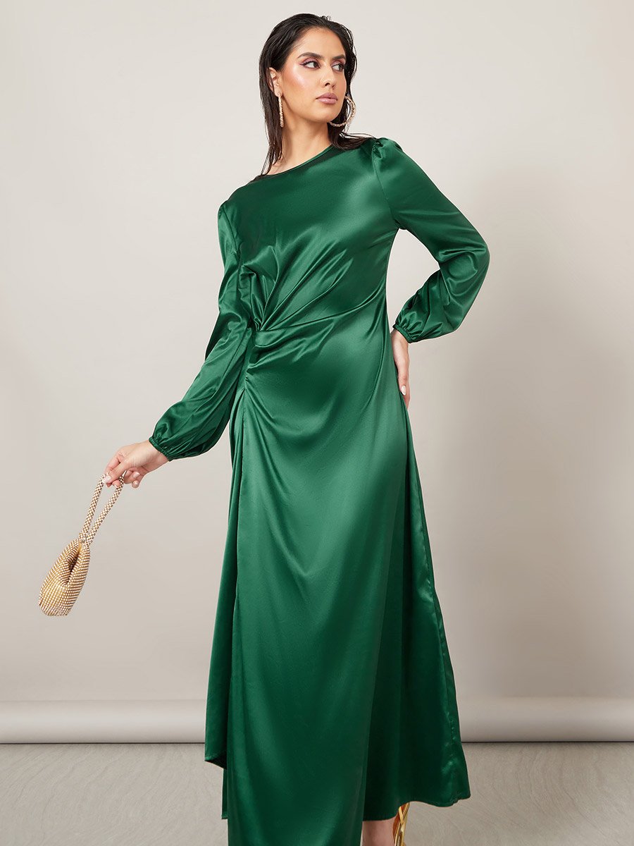 Gathered Detail Satin A-Line Maxi Dress For Women at Saudi | Styli