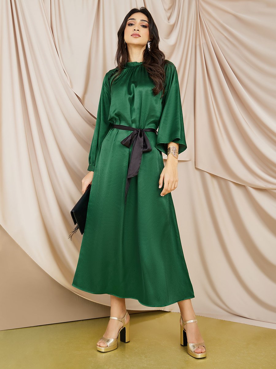 High Neck A-Line Midi Dress with Tie Belt For Women at Saudi | Styli High Neck A-Line Midi Dress with Tie Belt For Women at Saudi | Styli