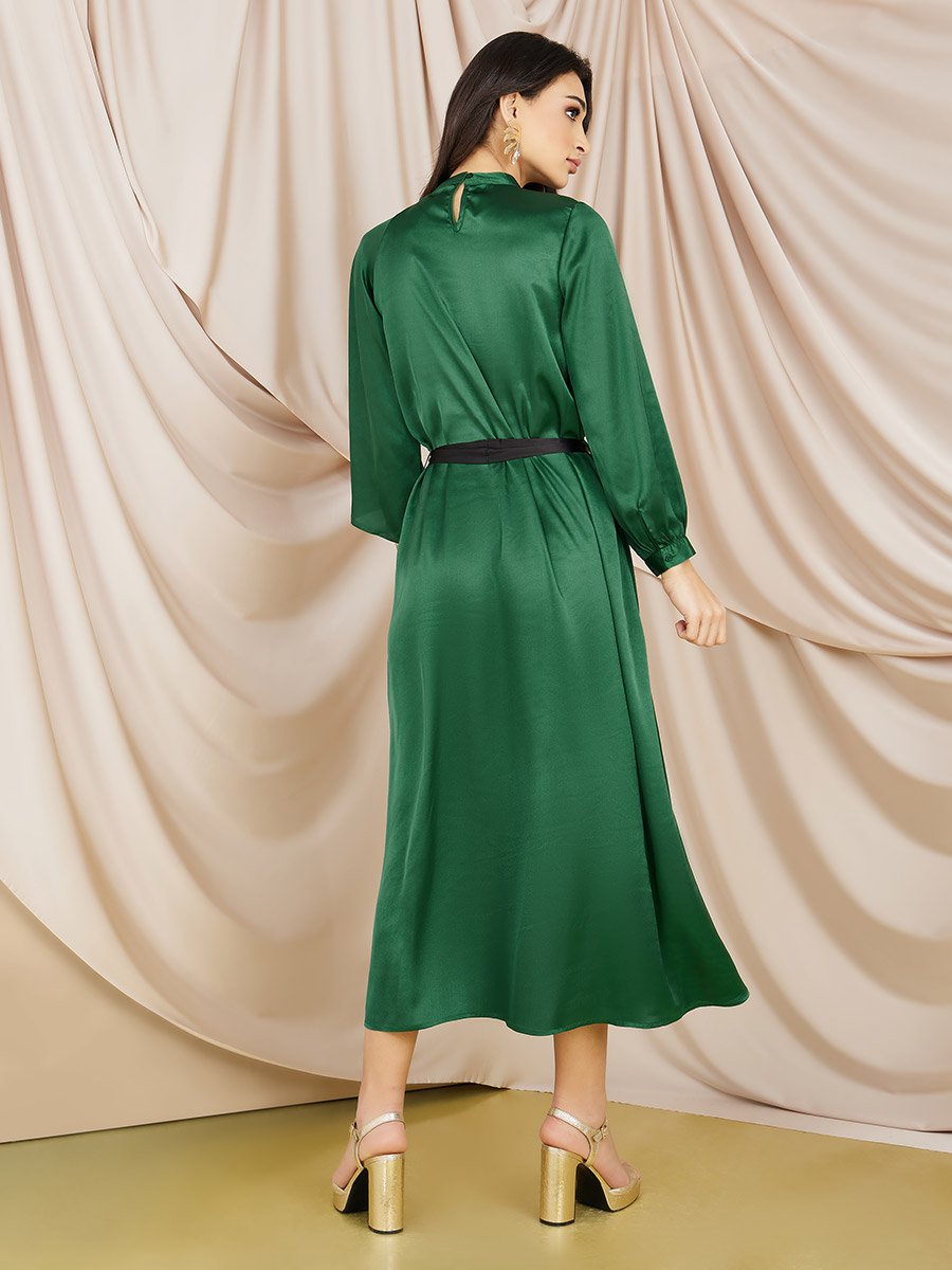 High Neck A-Line Midi Dress with Tie Belt For Women at Saudi | Styli