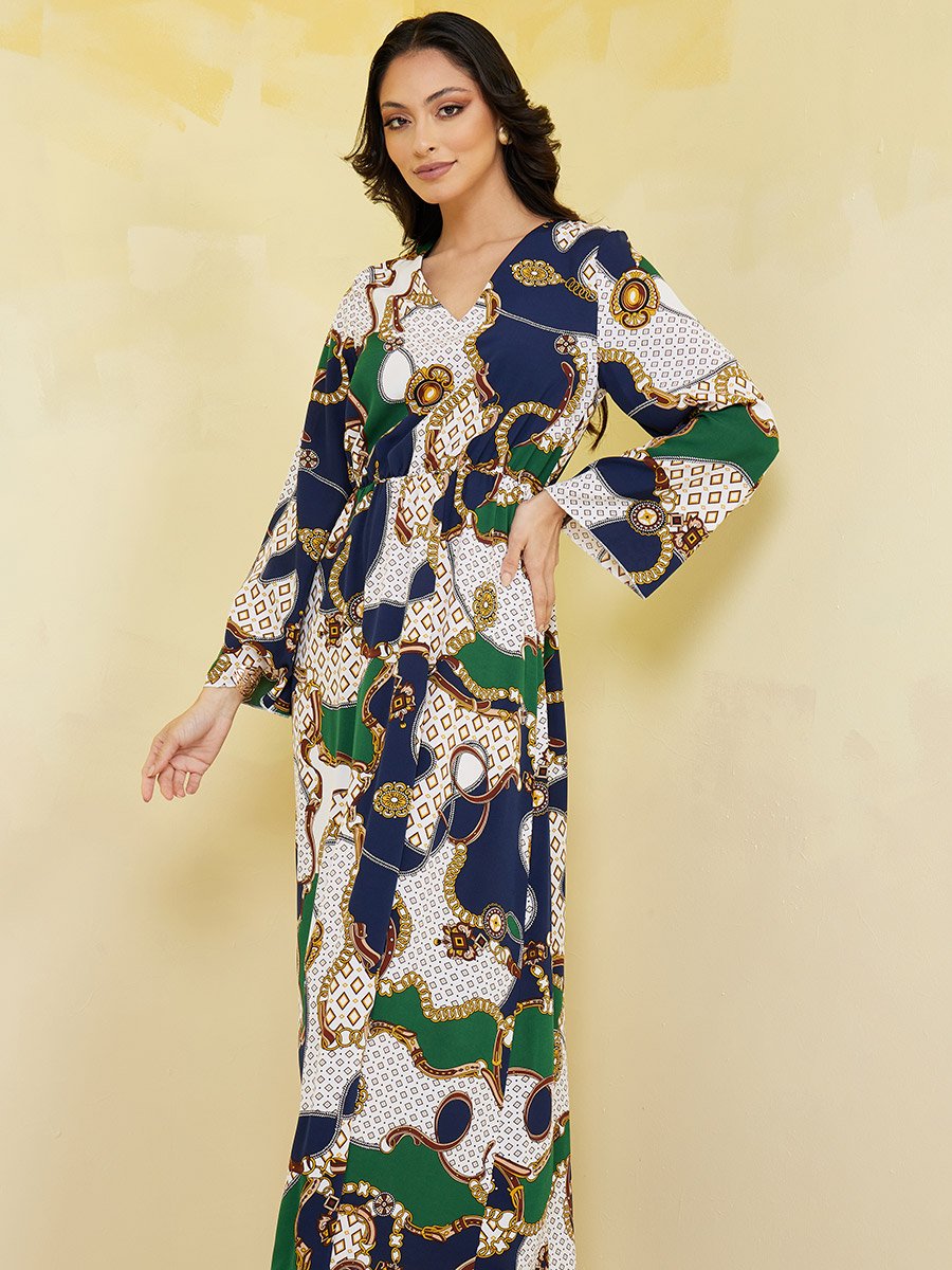 chinese dress ladies Women's Chain Reaction Chain Print Satin Maxi Dress in Blue