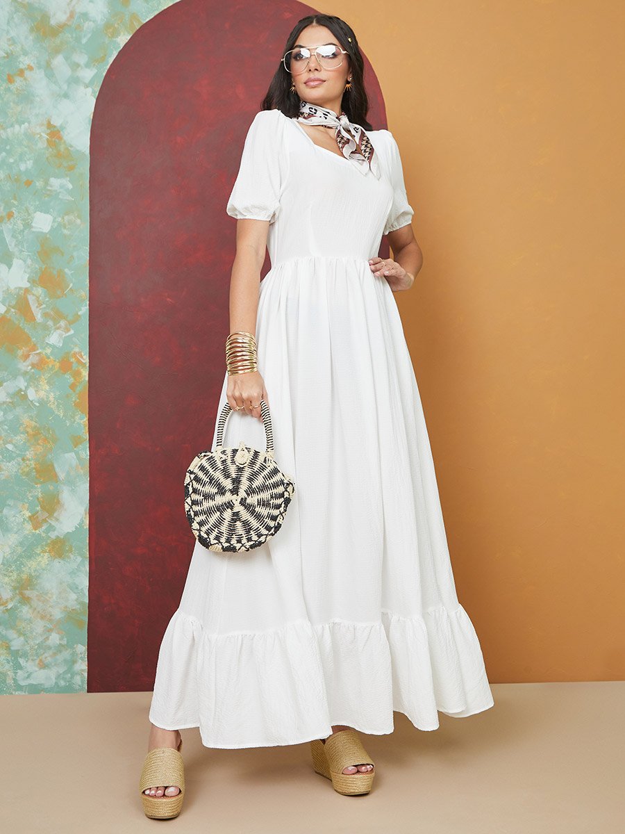 Textured Puff Sleeves A-Line Maxi Dress For Women at Saudi | Styli Textured Puff Sleeves A-Line Maxi Dress For Women at Saudi | Styli