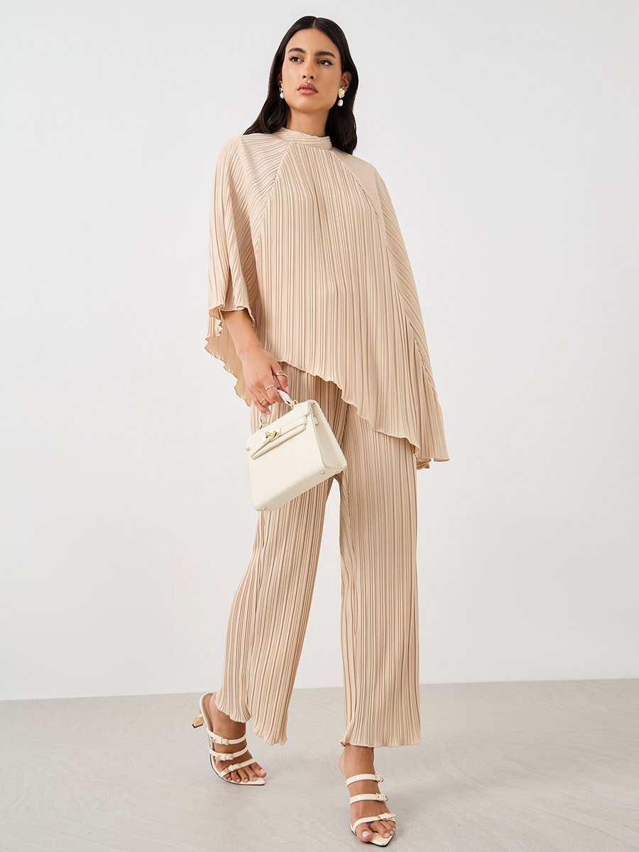 Pleated Crop Length Wide Leg Pants with Elasticated Waistband