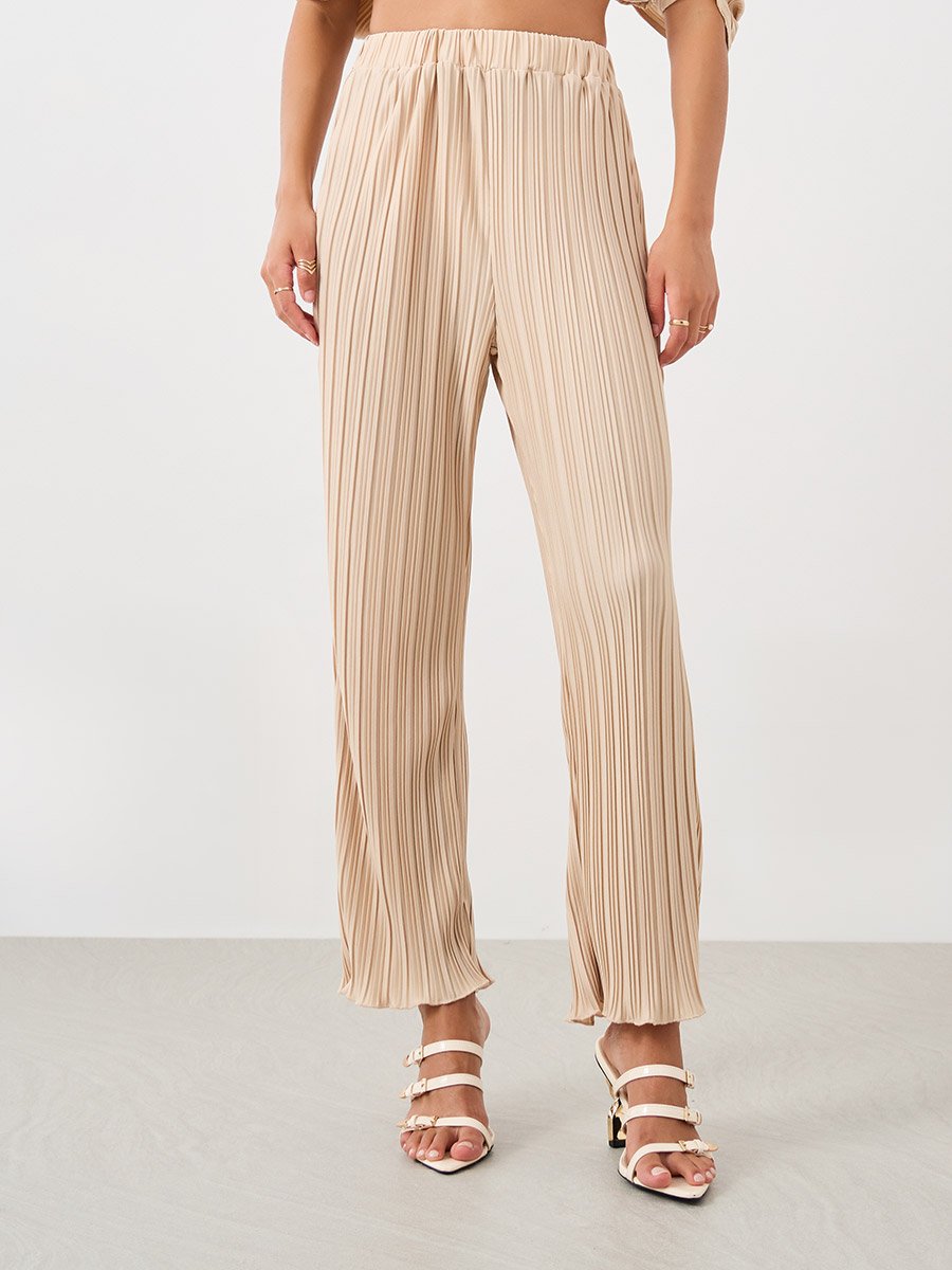 Pleated Crop Length Wide Leg Pants with Elasticated Waistband