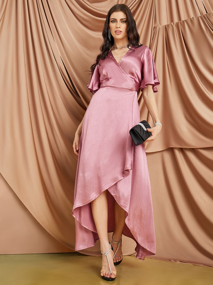 green emerald velvet dress Puffed Sleeve Formal Satin Dress with High Slit main image 0