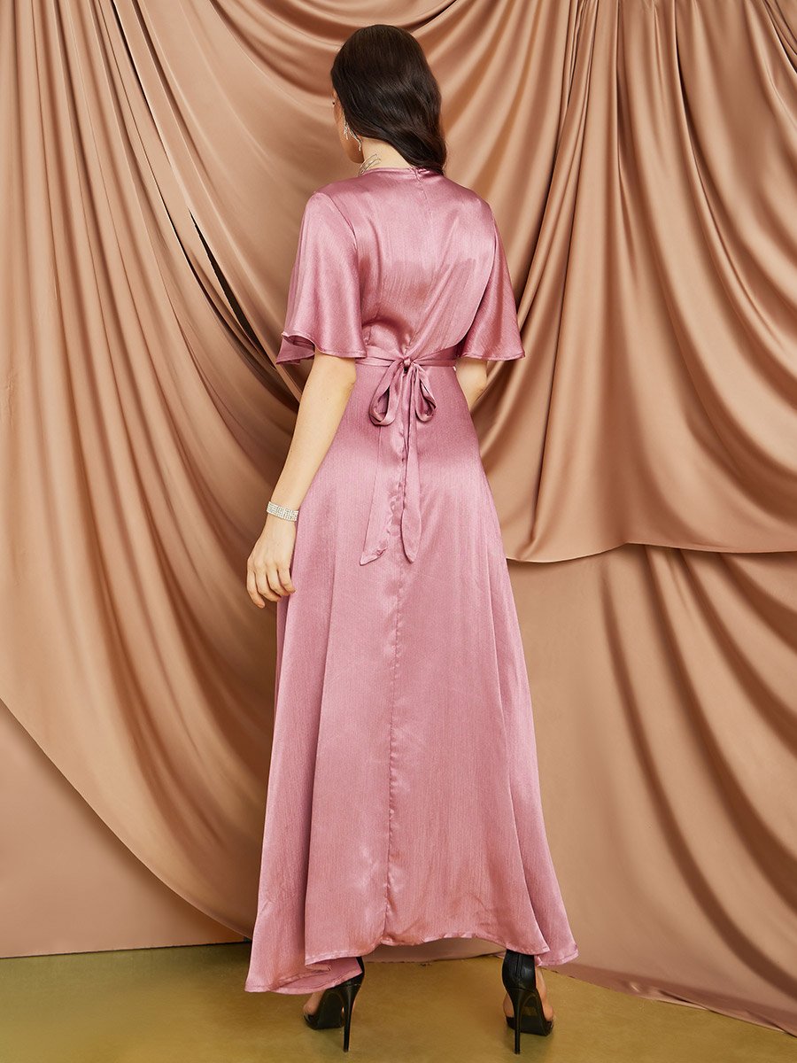 Flare Sleeve Satin Wrap Maxi Dress For Women at Saudi | Styli Flare Sleeve Satin Wrap Maxi Dress For Women at Saudi | Styli