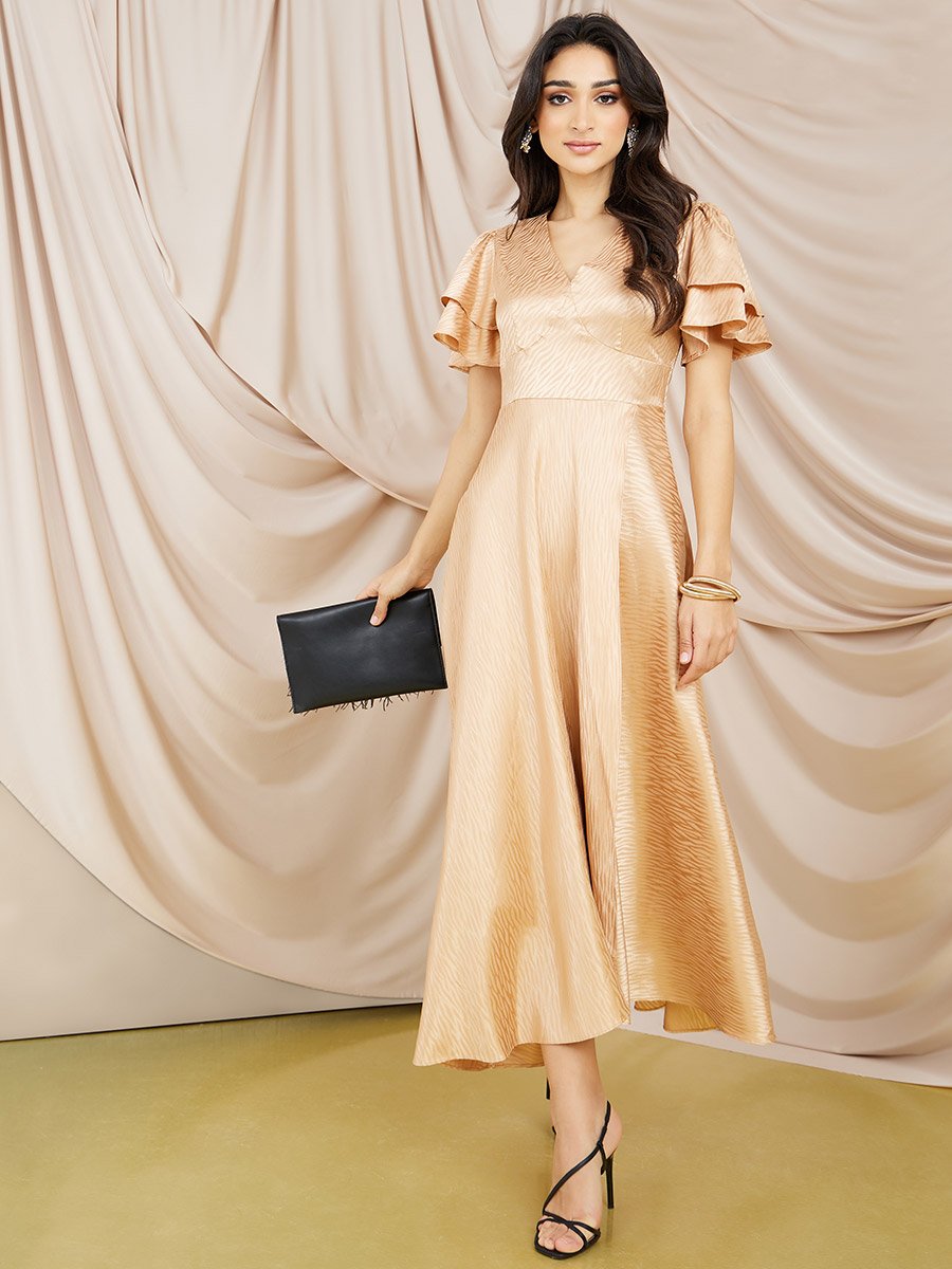 Frill Sleeve Jacquard A-Line Maxi Dress For Women at Saudi | Styli