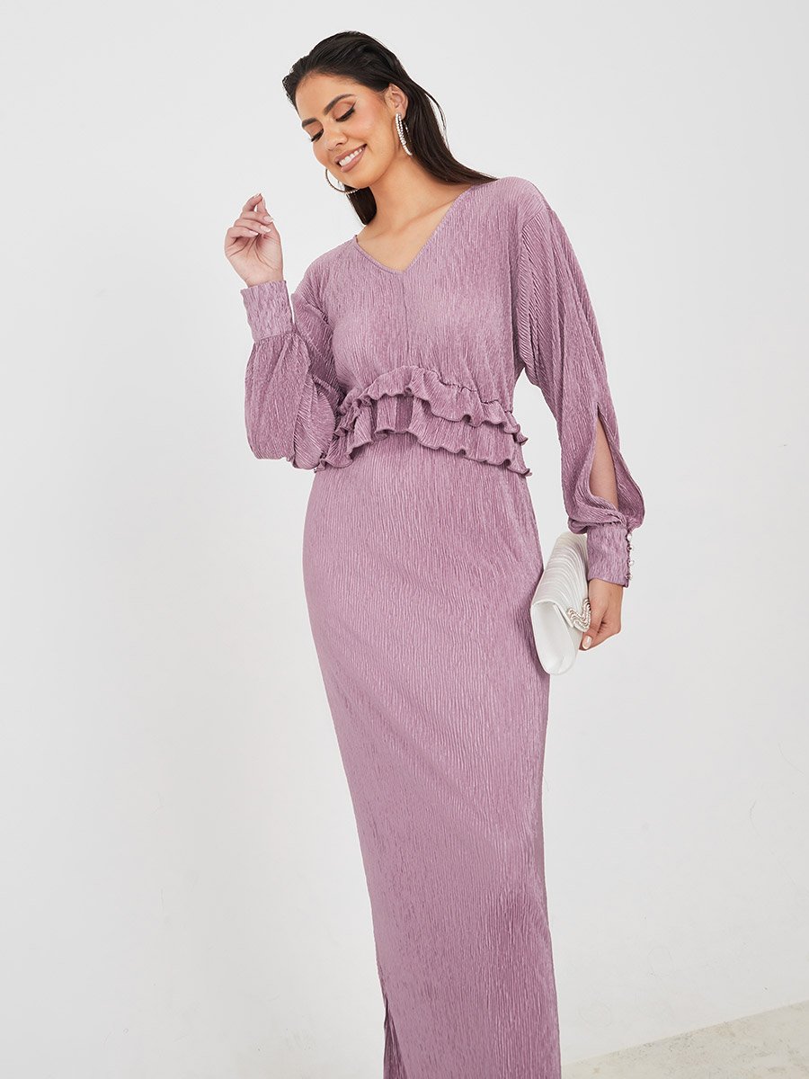 Frill Detail Plisse Maxi Dress with Slit Sleeve For Women at Kuwait | Styli
