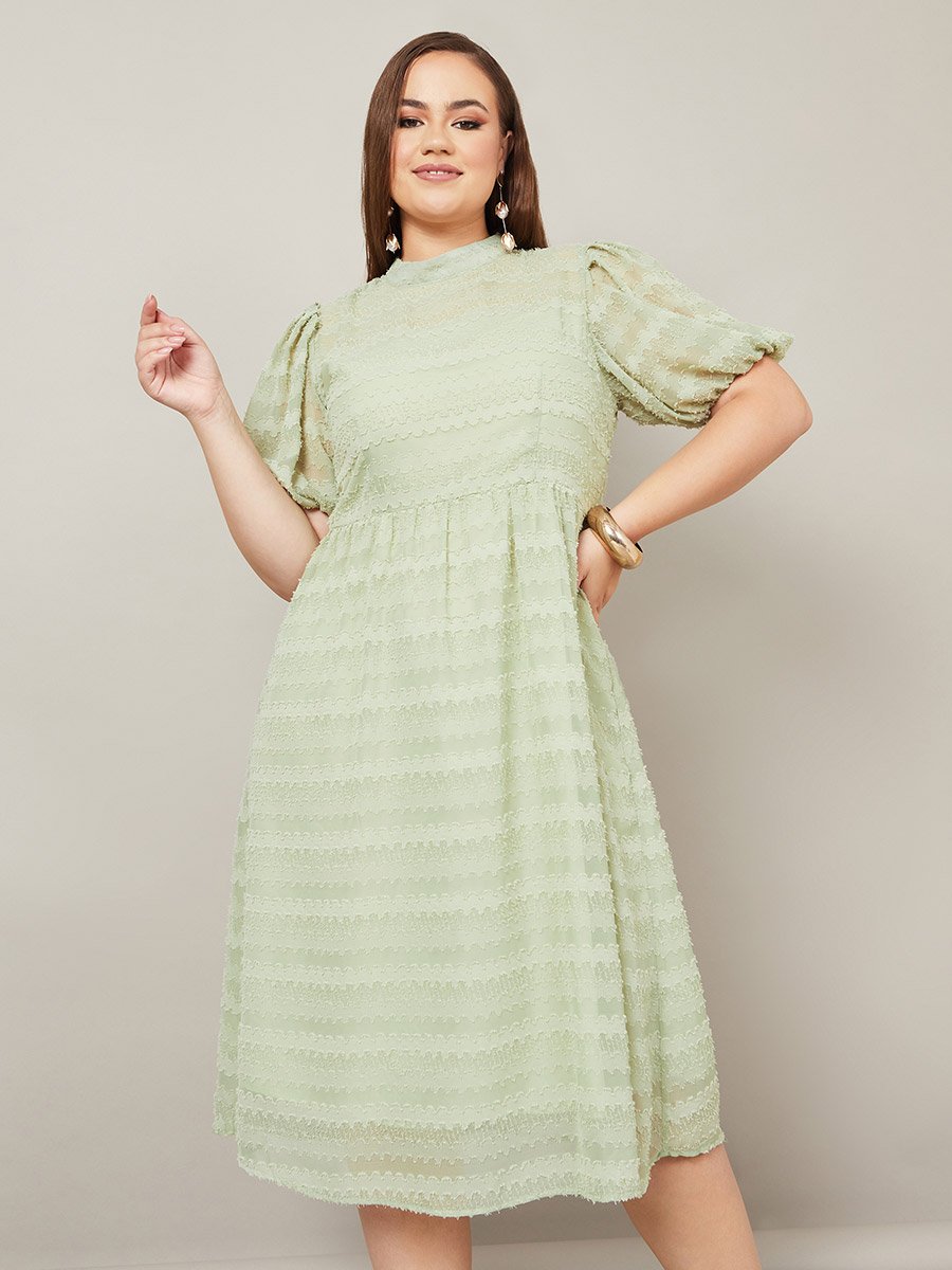 Plus High Neck Textured Dobby A-Line Midi Dress For Women at Saudi | Styli