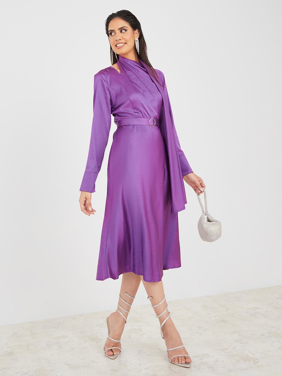 Fit and Flare Midi Dress with Draped Neck Scarf Detail For Women at Saudi |  Styli