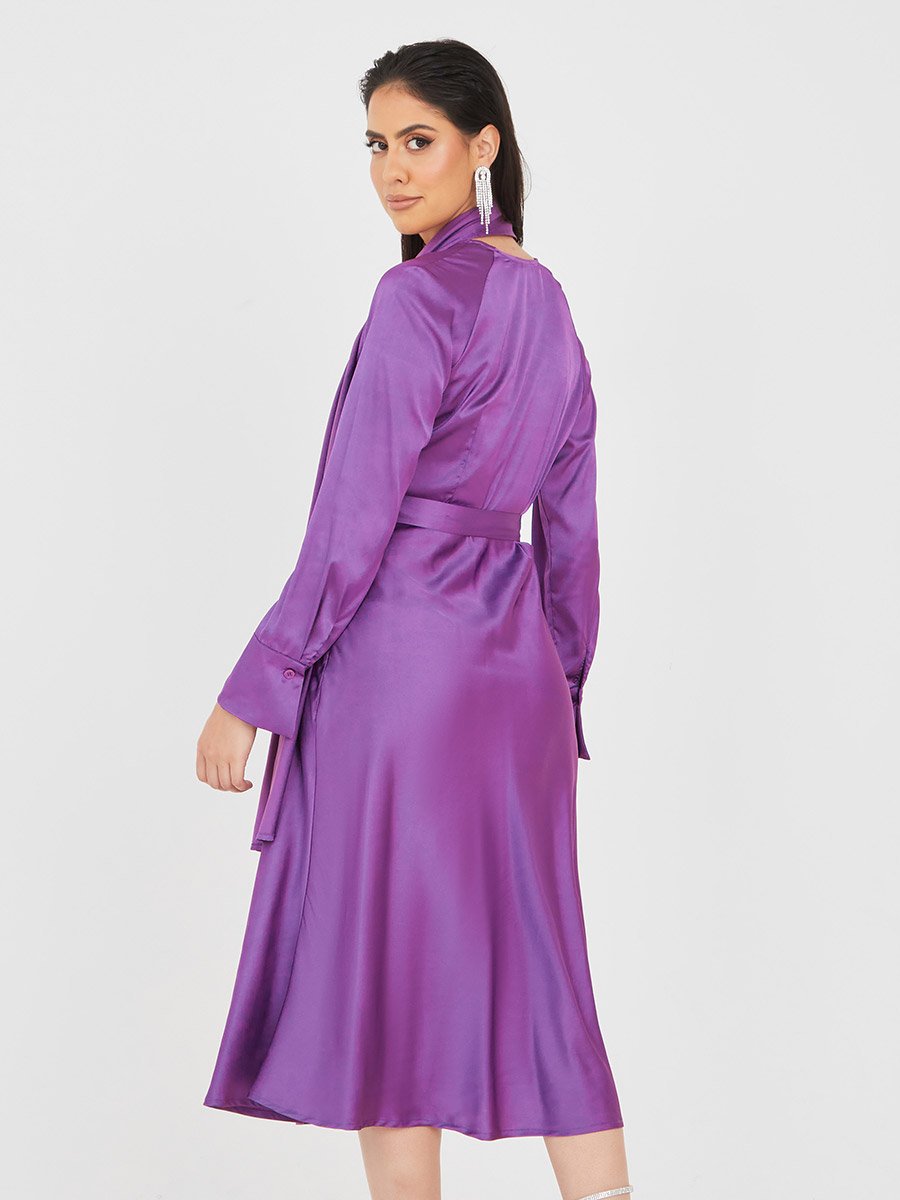 Fit and Flare Midi Dress with Draped Neck Scarf Detail For Women at Saudi | Styli Fit and Flare Midi Dress with Draped Neck Scarf Detail For Women at Saudi | Styli