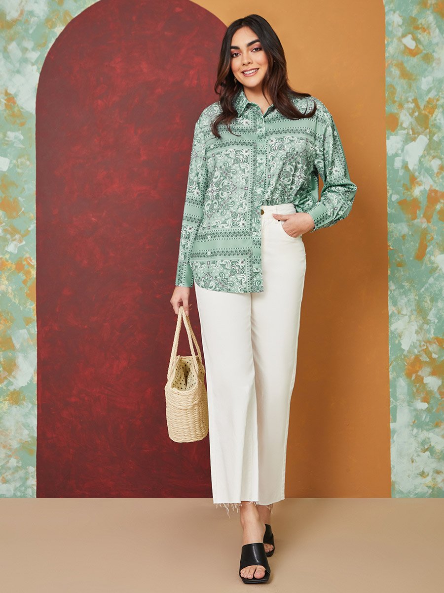 Paisley Print Satin Curved Hem Shirt
