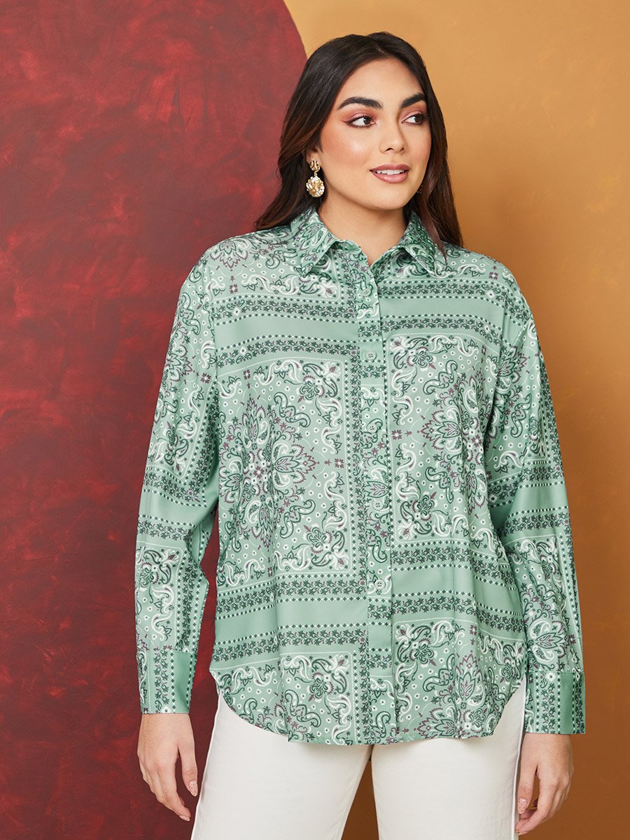 Paisley Print Satin Curved Hem Shirt