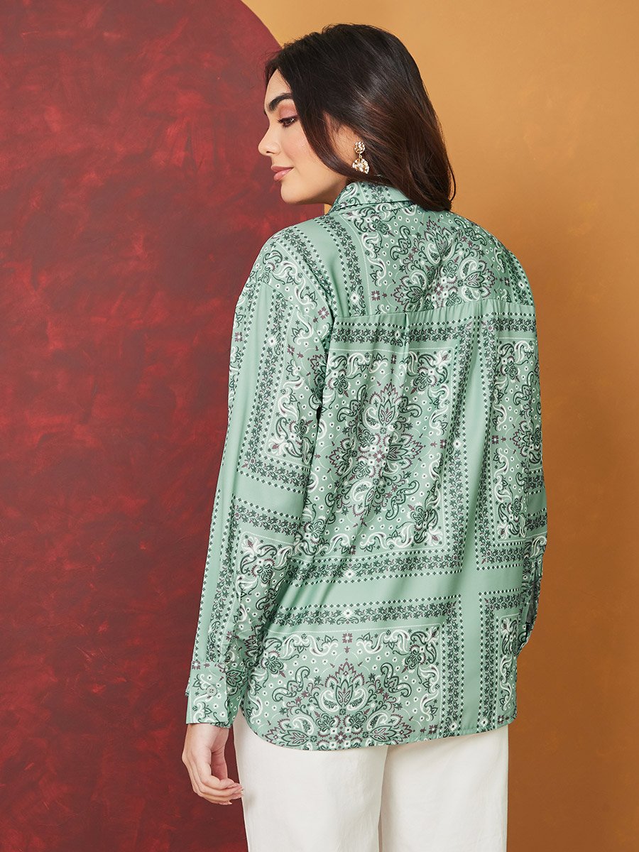 Paisley Print Satin Curved Hem Shirt